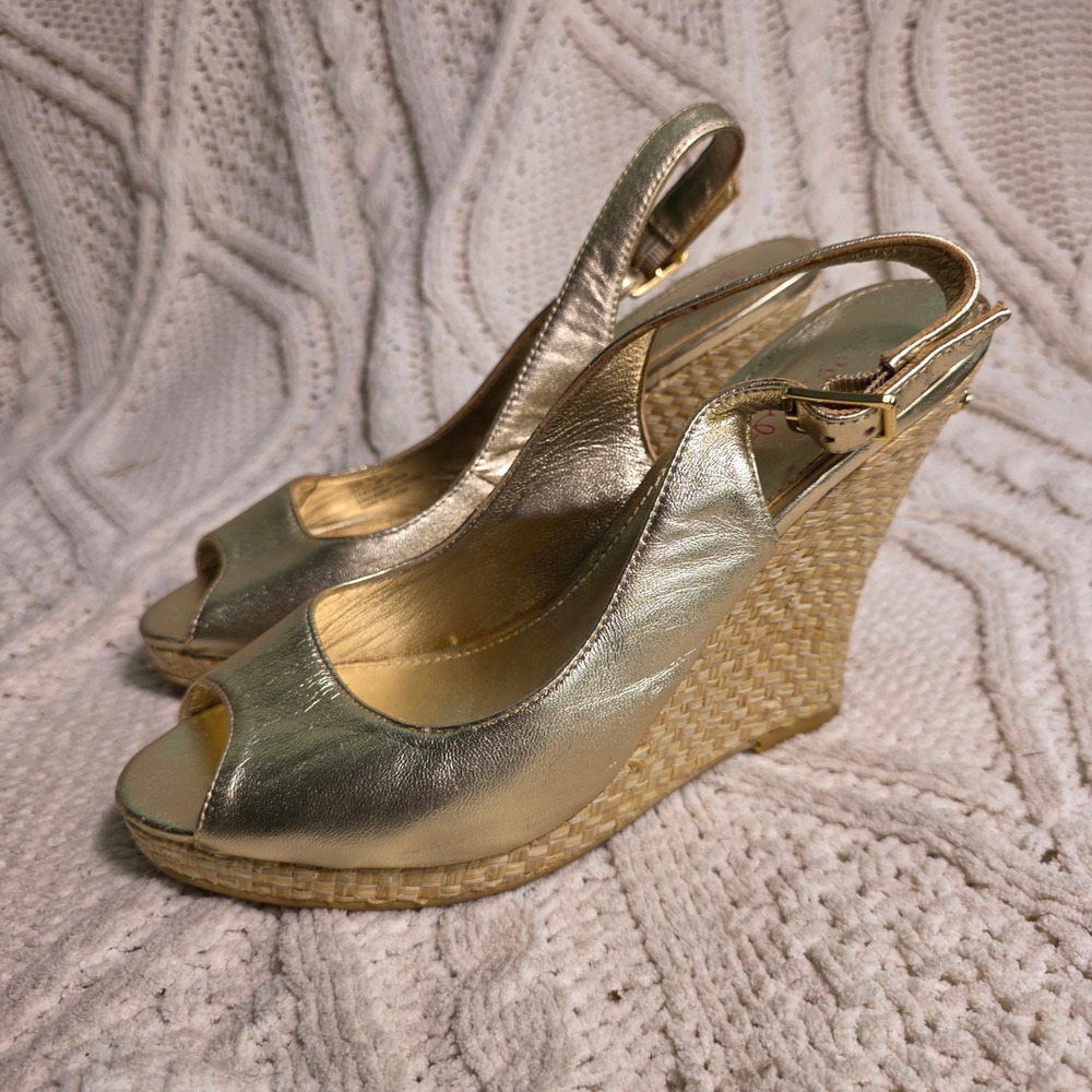 Lilly Pulitzer Wedge Sandals Gold Metallic Espadrilles Peep Toe Women 8.5